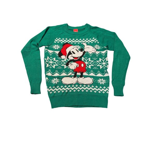 Disney Mickey Mouse Christmas Sweater Green White Fair Isle Print XS - Picture 1 of 6